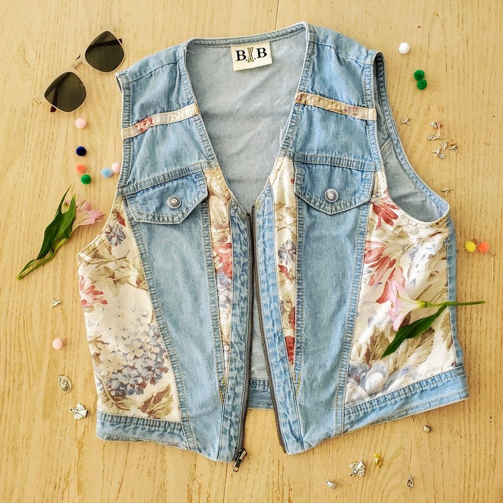 Vintage floral patchwork denim vest